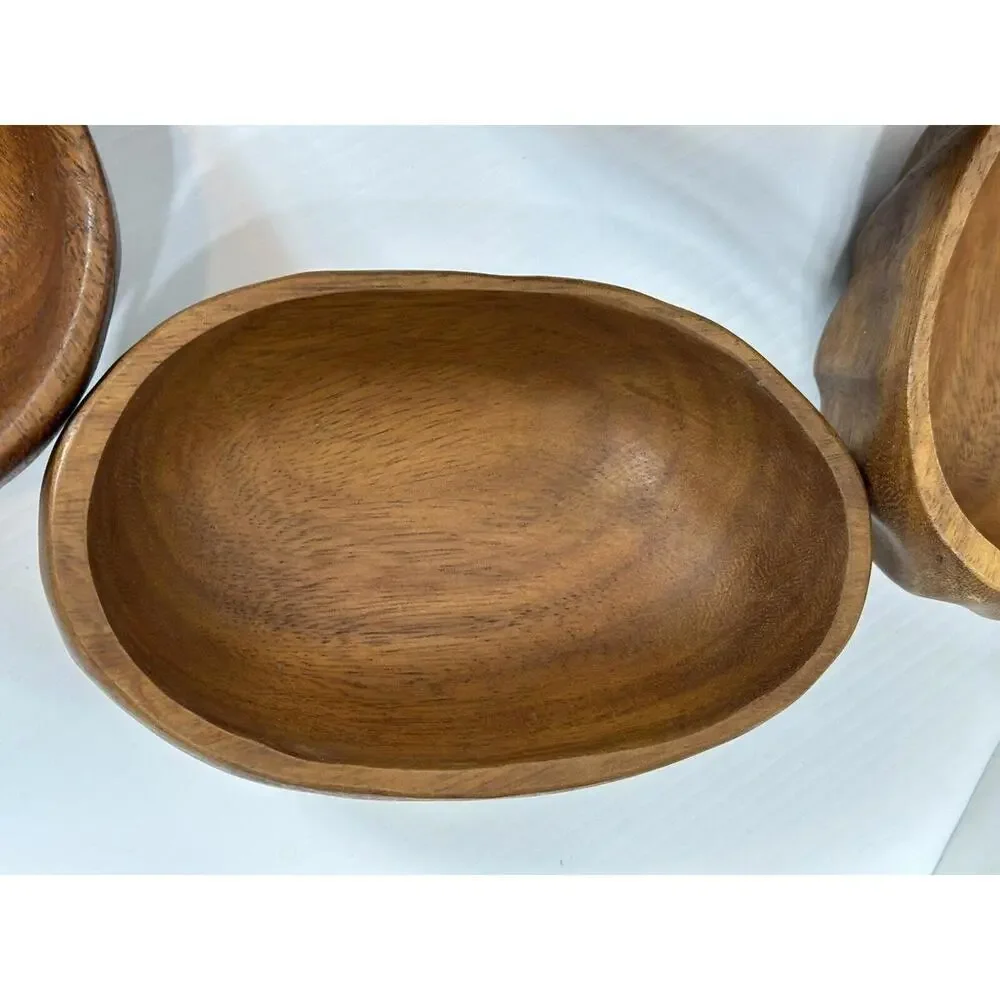 Vintage Wavy Oval Real Teak Wood Salad‎ Bowl Set Gorgeous Wood Grain 9 Niece